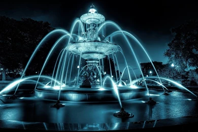 Beautiful Fountain Shining At Night Time, Quebec, Canada ...
