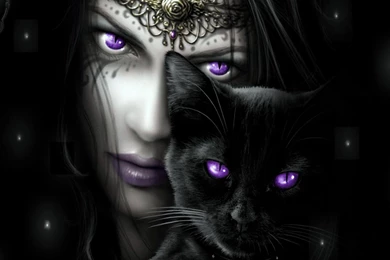 Purple Eyed Woman With Her Black Cat Wallpapers   Fantasy ...