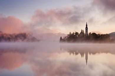 Download Wallpapers 2560x1440 Fog, Water, Castle, Morning Mac iMac ...