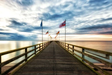 Bridges: Flags Flapping Wonderful Sea Pier Sunset Clouds Wind HD ...