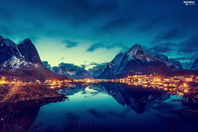 City At Night, Light, Mountains, Lake   Beautiful Views Wallpapers ...