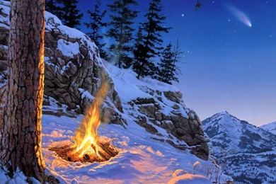 Bonfire On The Mountain, Snow, Winter, Night, Digital art ...