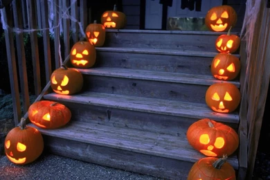 Download Wallpapers 1366x768 Halloween, Holiday, Pumpkin, Stairs ...