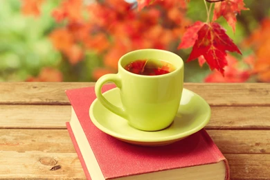 Cup Of Tea With Autumn Leaves Reflection   (