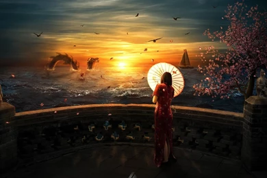 Geisha Watching The Dragon In The Sea Wallpapers   Fantasy ...