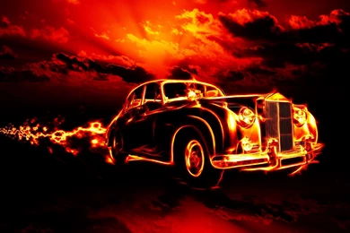 Download Wallpapers Fire, Flame, Hell, Classic, Car, City, Red Sky ...