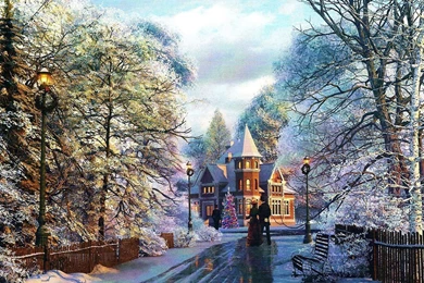 Ancient Country Manor Christmas Time Snow Tree Road Building House ...