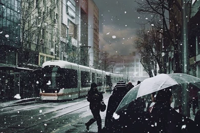 Winter (season) Trees Cityscapes Streets Tram Roads Snowing ...