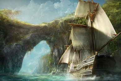 Medieval Ship Entering The Island Wallpapers   Fantasy Wallpapers ...