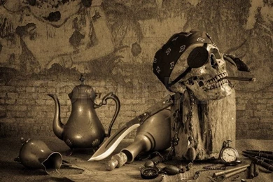 Still Life, Pirate Skull With Cigar In The Mouth On The Log ...