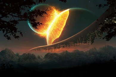 Mountains Nature Outer Space Trees Stars Buildings Collision ...