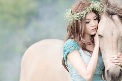 Download Wallpapers 1920x1080 Girl, Asian, Horse, Wreath, Mood ...