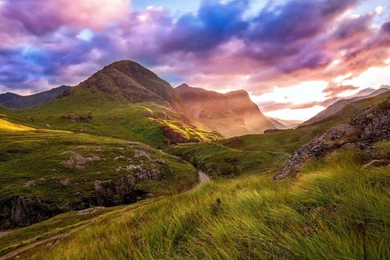 Scotland, Highland Valley, Mountain, Road, Clouds, Sky, Sunset ...