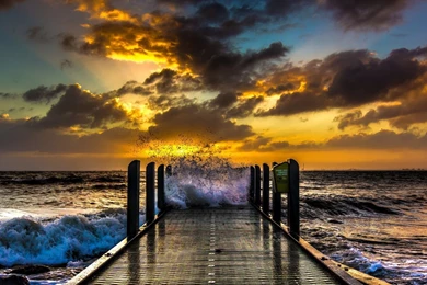 Fishing Pier Rough Sea Sunset Clouds Waves Bridges Full HD 1080p ...