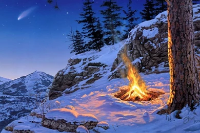 1366x768 Winter Campfire Art Wallpapers
