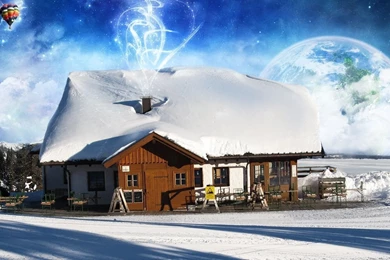 Hot Air Balloon And House In Winter Wallpapers