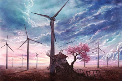 Cherry Blossoms And Windmill 2543x1750 Can You Define Anime ...