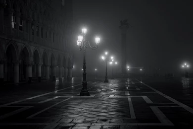 Venice Italy Piazza San Marco City Night Fog Lights Black And ...