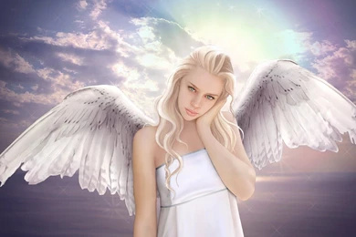 Angel Blonde Girl Sky Sun Clouds Dress Sea Wings Wallpapers ...