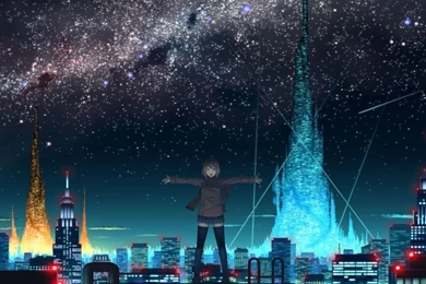 1366x768 Anime, City, Lights, Girl, Roof, The Sky, Night ...