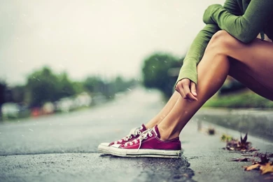 1366x768 The Rain, Girl, Girl, Leaves, Street, Legs, Asphalt ...