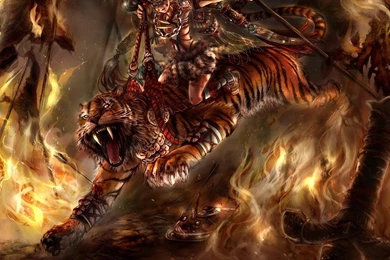 Download Wallpapers 1920x1080 Tiger, Horsewoman, Girl, Fire, Jump ...