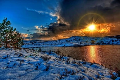 Winter Landscape, Sunset, Snow, River, Sky, Clouds, White, Shadow ...