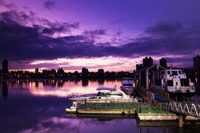 Harbour Pink Light City Water Night View HD Wallpapers