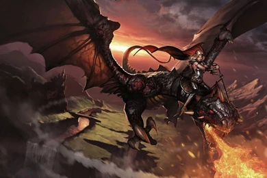 Art Dragon Girl In The Sky Fire Cape Riding Rider Canyon River ...