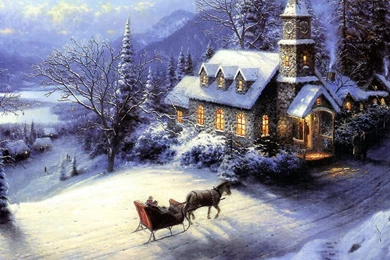 Wallpaper: Winter, New Year, Christmas, House, Sledge, Card, Snow ...