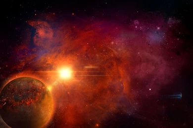 Spaceship flying away from the orange nebula 1080p fantasy desktop wallpaper 25048.jpg