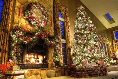 2560x1600 New Year, Fireplace, Decor, Fir tree, Fire, Lights, Room ...