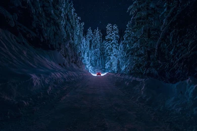 Bulgaria Kyustendil Winter Road Snow Forest Night Car Light Sky ...