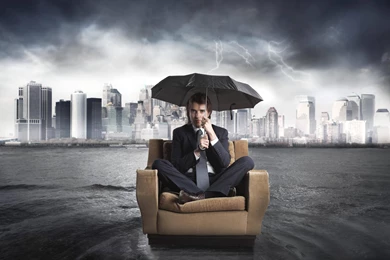 Businessman Chair Flood Umbrella River Storm Hd Wallpapers