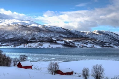 Red Cabins Norwegian Bay Shore Winter Houses Mountains ...