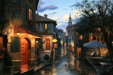 Painting Lushpin Evening Street European Playground Cafe Bar ...