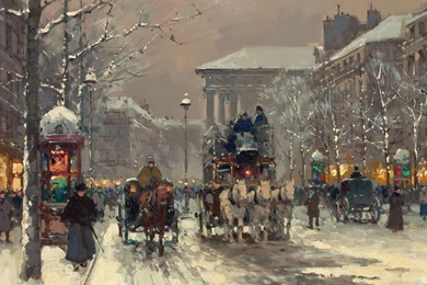 Painting City Winter People Street Carriages Wallpapers