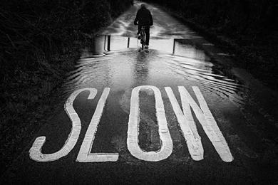 Slow BW Road Bicycle Person Puddle Wallpapers