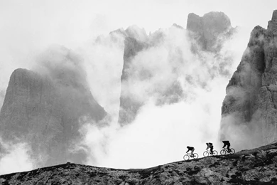 Three Bicyclists On Mountain Road, Bicyclists, Grey, Mountain Bike ...