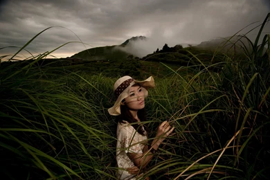 Asian Women, Grassland, Hat, Cap