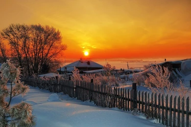 Sunset Winter Village House Desktop Backgrounds >> HD Wallpapers ...