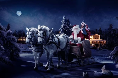 Download Wallpapers 1600x900 Santa Claus, Sleigh, Girl, Horse, Tree ...