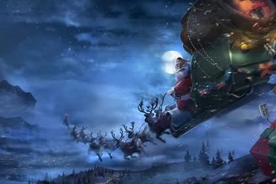 Download Wallpapers 1600x900 Santa Claus, Reindeer, Sleigh, Flying ...