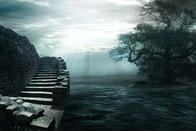 Wallpapers Darkness, Steps, Lake, Storm Clouds, Tree, Ruins Desktop ...