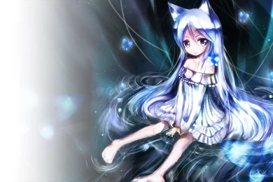 Animal Ears Barefoot Blue Eyes Butterfly Catgirl Dress Gray Hair ...