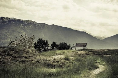 1366x768 Chill Out Bench Mountains Desktop PC And Mac Wallpapers