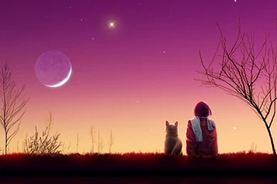 Download Wallpapers 2048x1152 Kagaya Moon, Anime, Girl, Cat, Sunset ...