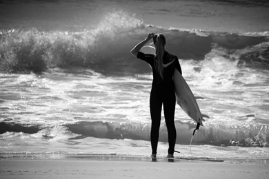 Wallpapers Surfing, Girl, Bw, Surfingboard, Waves Backgrounds HD