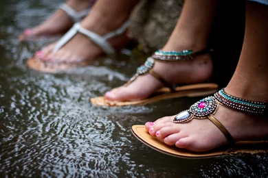 Women, Water, Rain, Feet, Sandals, Creek :: Wallpapers