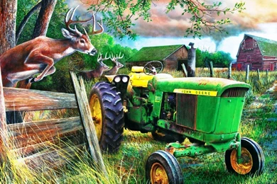 HDscreen: Rural Life Farm Tractor Nature Deer Animal Tree Fence ...
